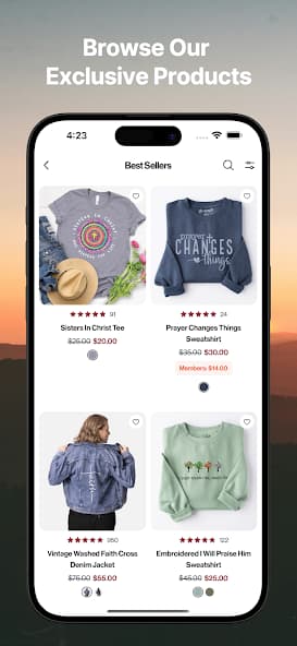 Love in Faith mobile app product collection screen