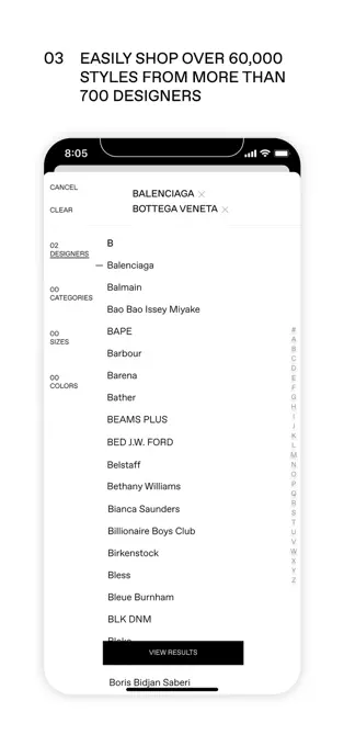 SSENSE mobile app designer filters