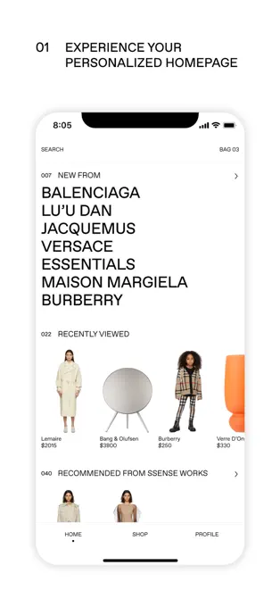 SSENSE mobile app personalized homepage